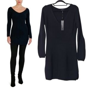BCBGMAXAZRIA Black Wool Blend V-neck Sweaterdress Womens Rib Knit Mini Dress M